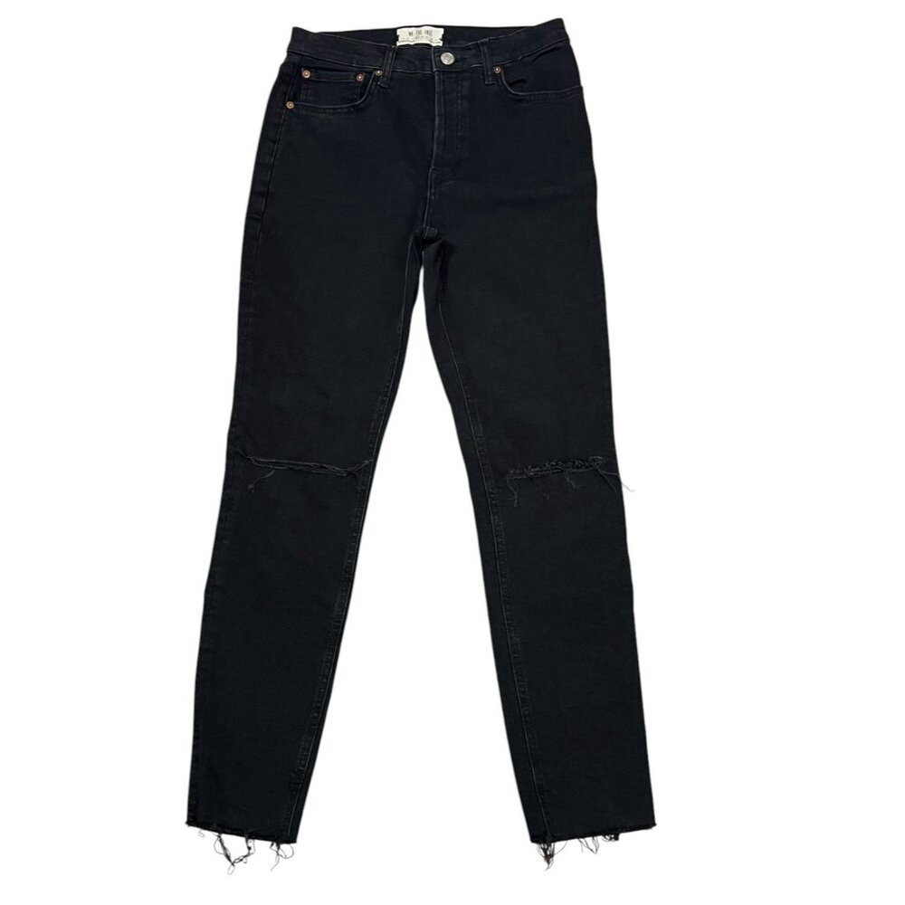 We the Free Distressed Black High Rise Skinny Stretch Jeans Raw Hem Size 27